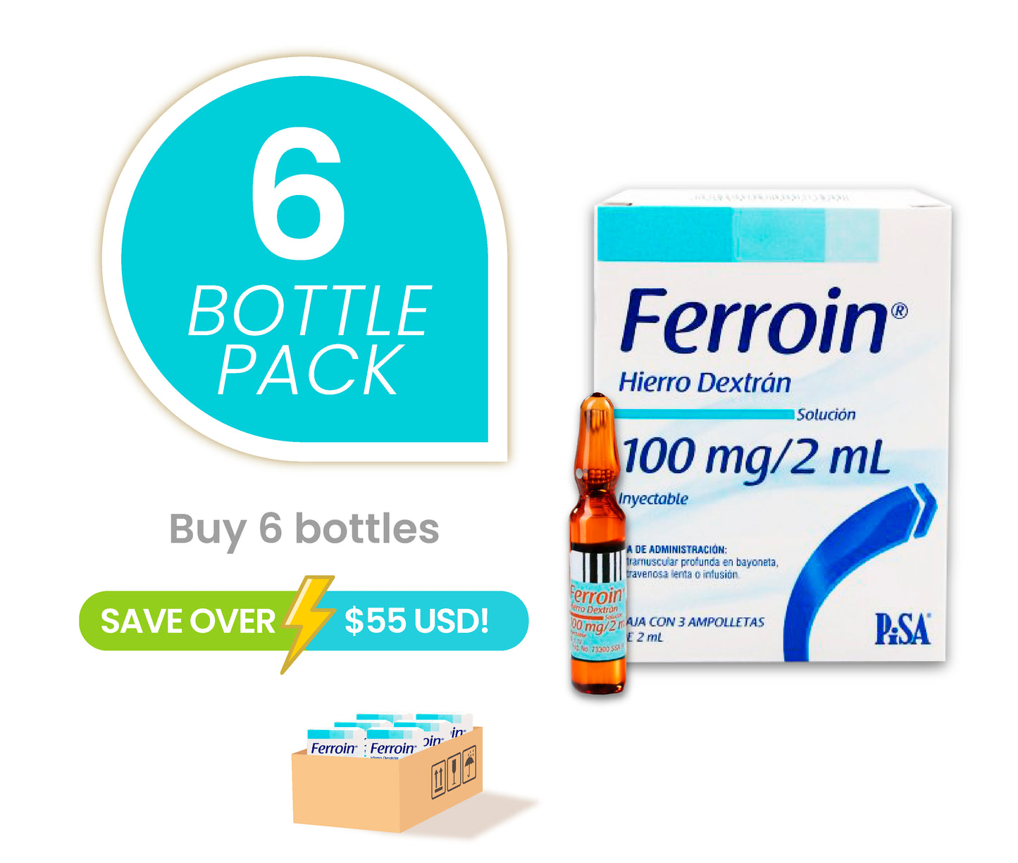 6 pack offer of Inyectable Iron Box With 3 100mg/2mL Vials Intramuscular and Intravenous Use