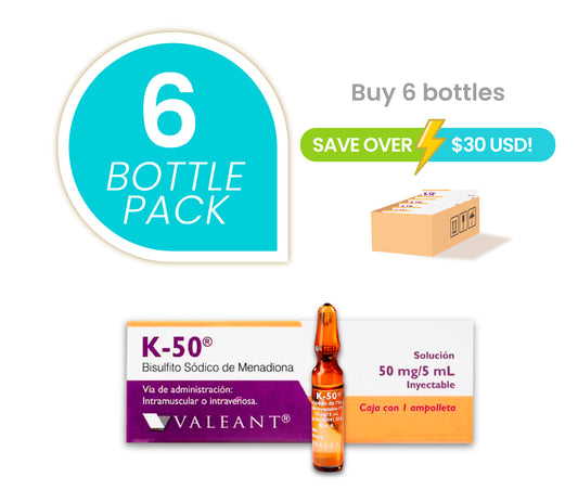 6 pack Vitamin K3 Inyectable IM and IV 50mg/5mL Vial Valeant Laboratories