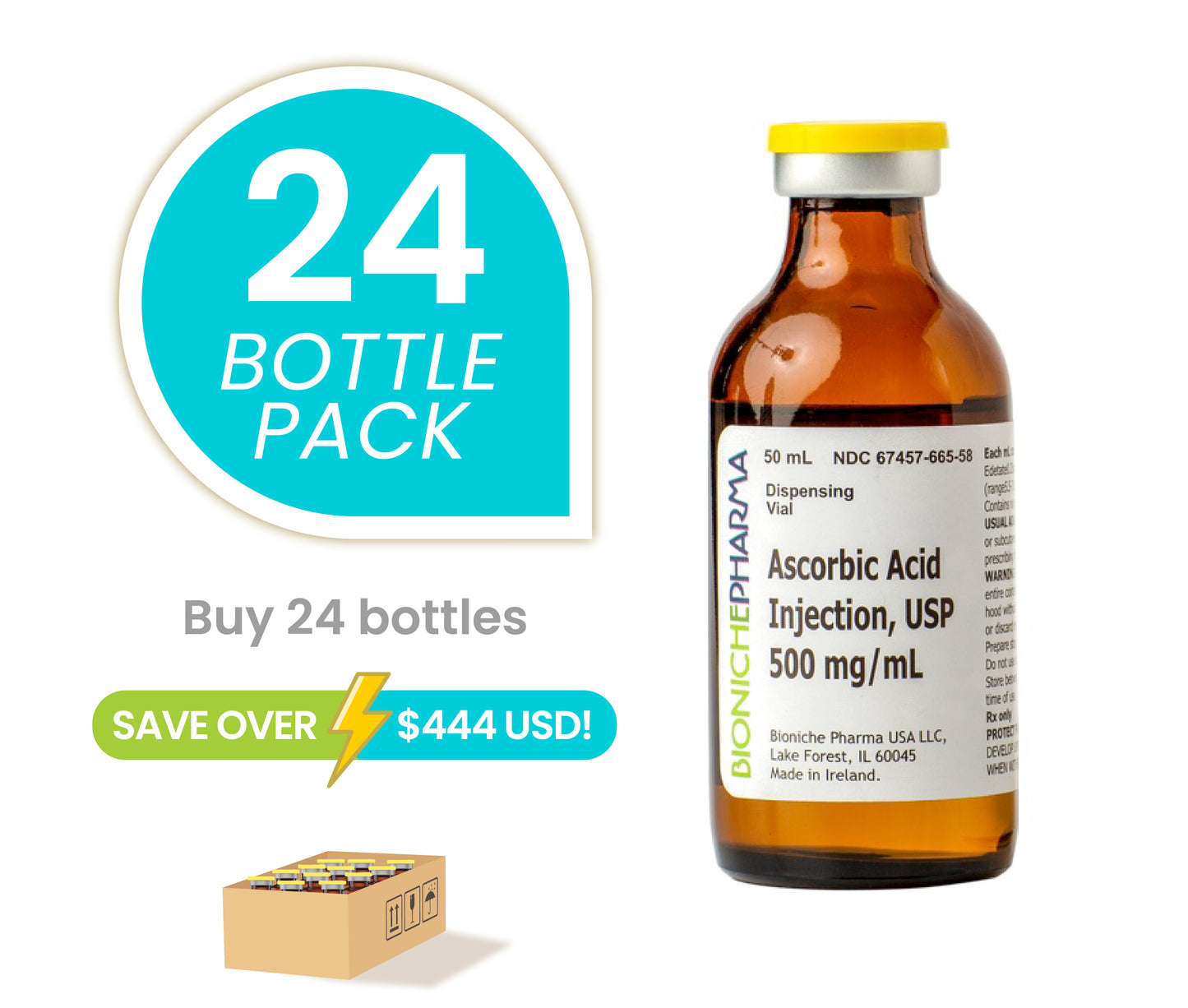 24Pack Offer – Ascorbic Acid (Vitamin C) Bioniche Injectable 500mg/ml 50mL Save Over $444 On Sale For limited time!