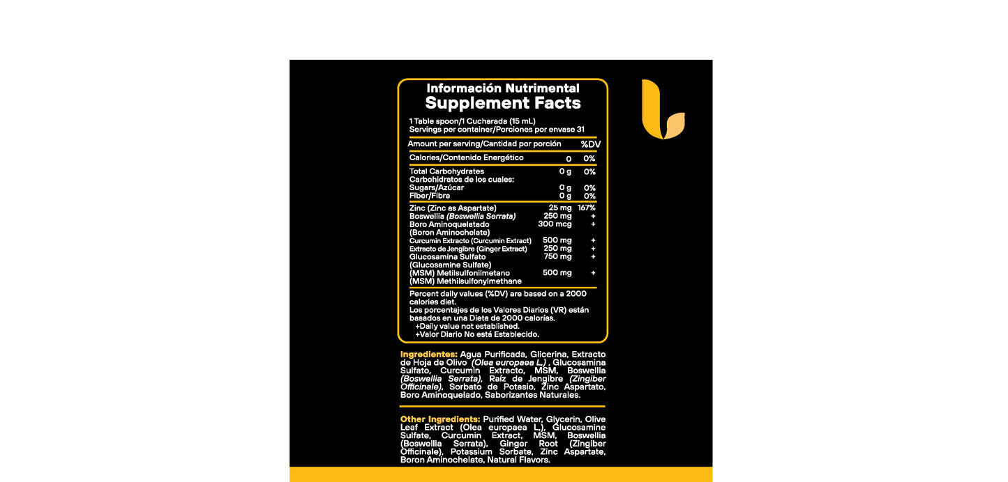 Nano Liposomal Curcumin Plus fortified with Glucosamine, MSM, Boron, Zinc, Ginger, Boswellia  473 mL.